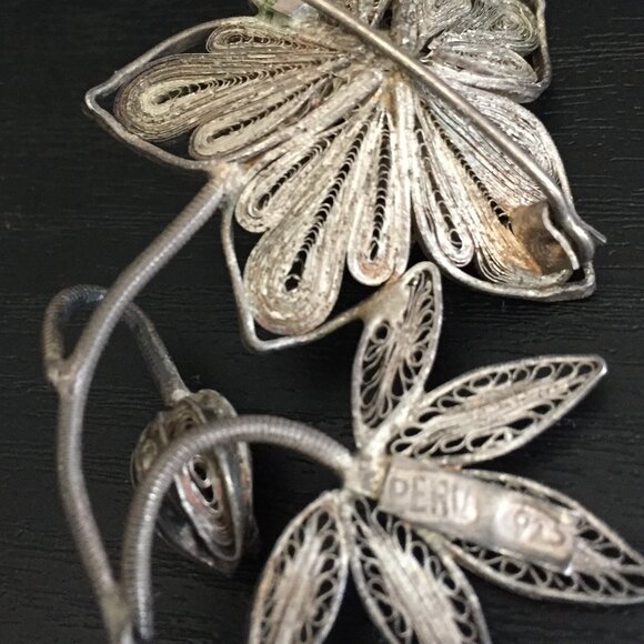 VINTAGE PERU 1890s SILVER 925 FLOWER BROOCH - Picture 4 of 6